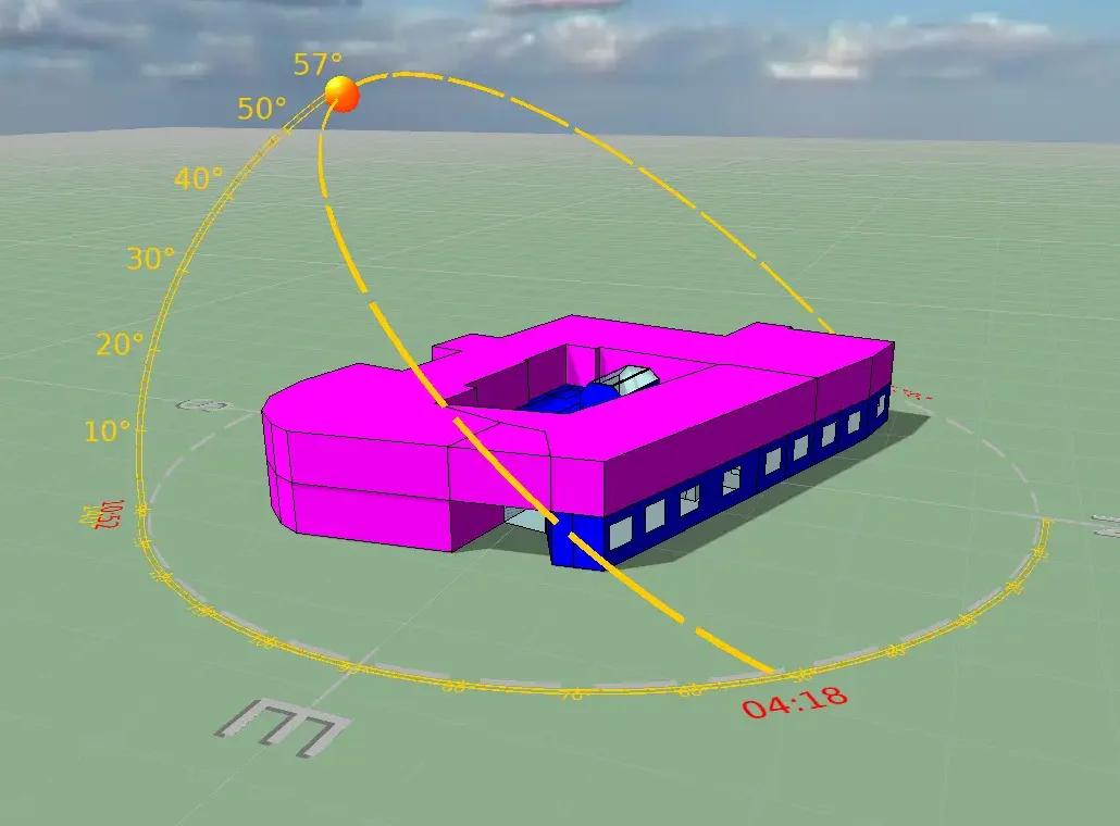 Pink 3-d model of building showing energy efficency